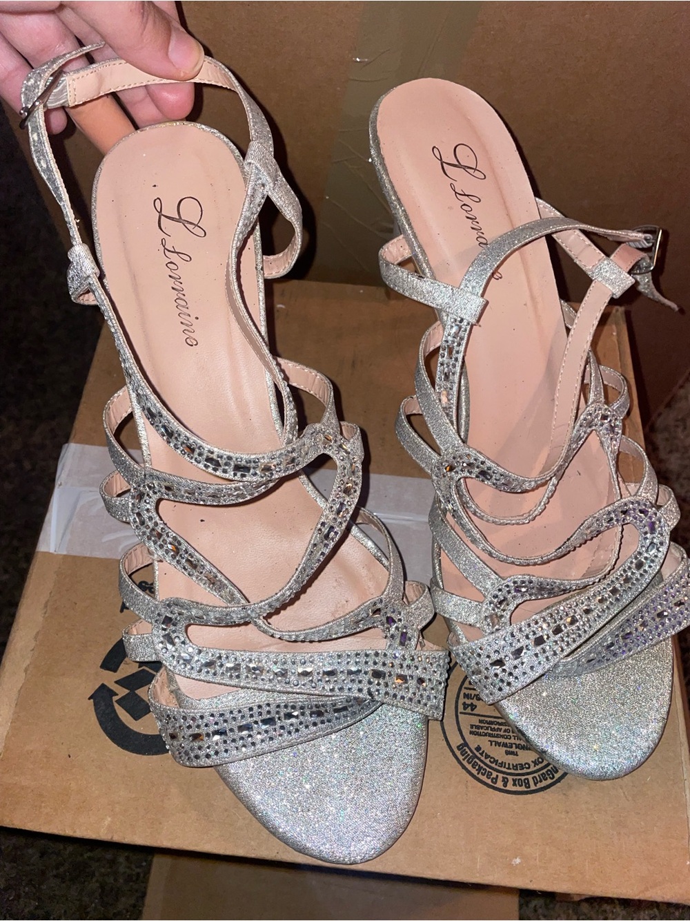 L. Lorraine Silver Glitter Strappy High Heels with Crystal Accents